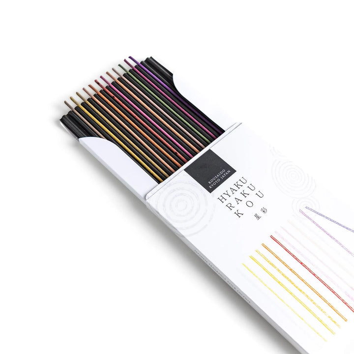 Japanese incense stick set from Kyoto with assorted colors and scents in a white Hyakurakukou box for gifting and relaxation.