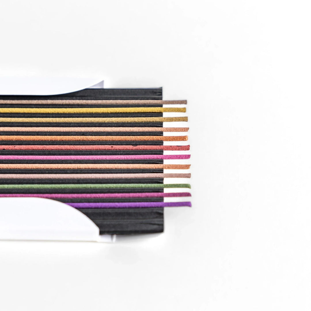 Japanese incense stick set from Kyoto with assorted colors and scents in a white Hyakurakukou box for gifting and relaxation.