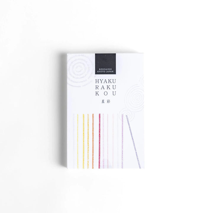 Japanese incense stick set from Kyoto with assorted colors and scents in a white Hyakurakukou box for gifting and relaxation.