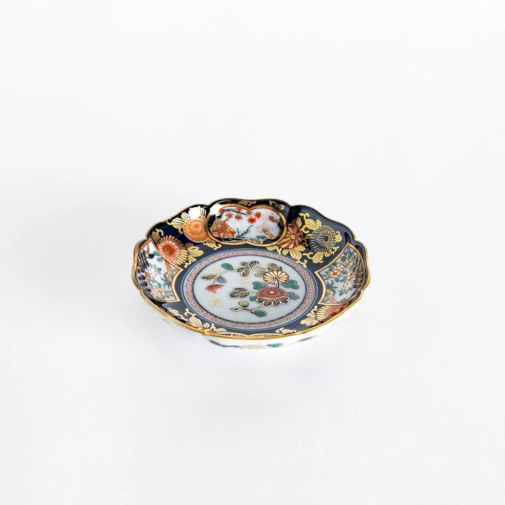 Imperial Blossom Sauce Dish featuring elegant Japanese floral motifs with gold and red accent patterns.