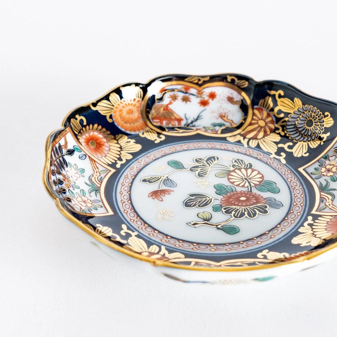 Imperial Blossom Sauce Dish featuring elegant Japanese floral motifs with gold and red accent patterns.
