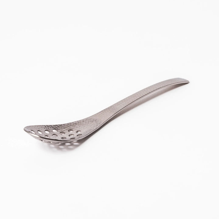 Japanese Hammered Straining Spoon with perforated bowl handcrafted for skimming or serving food easily.