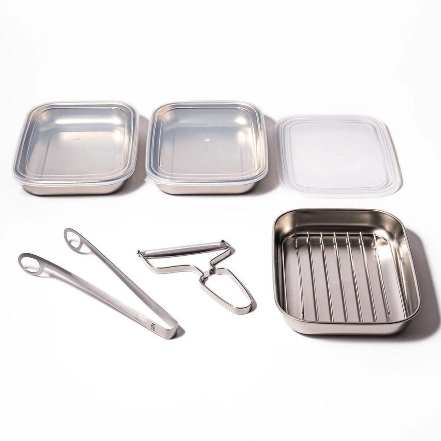Stainless steel tonkatsu frying set with trays lids rack tongs and peeler for efficient crispy cooking.