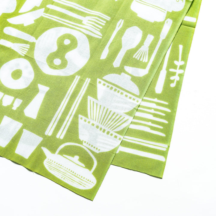 Purple tenugui towel with white kitchenware motifs like bowls and teapots in continuous pattern.