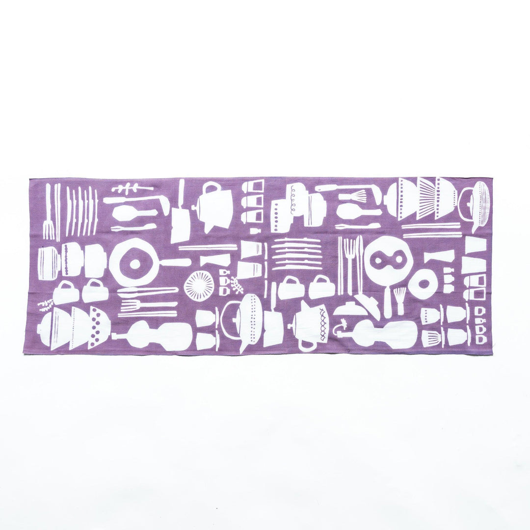 Purple tenugui towel with white kitchenware motifs like bowls and teapots in continuous pattern.