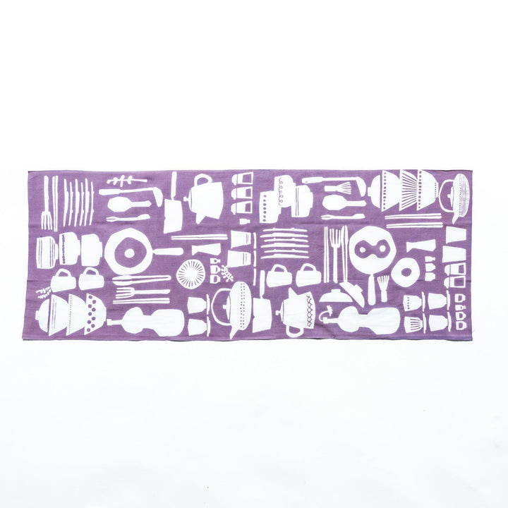 Purple tenugui towel with white kitchenware motifs like bowls and teapots in continuous pattern.
