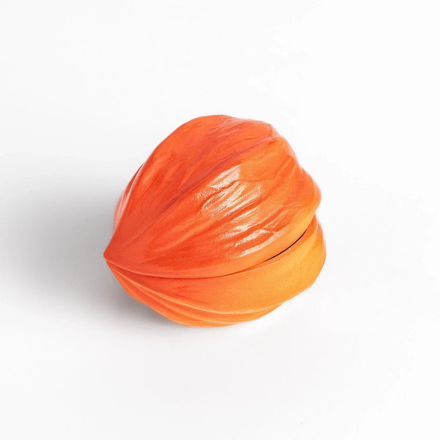 Handcrafted ceramic lidded bowl shaped like an orange lantern plant, ideal for serving condiments or small treats.