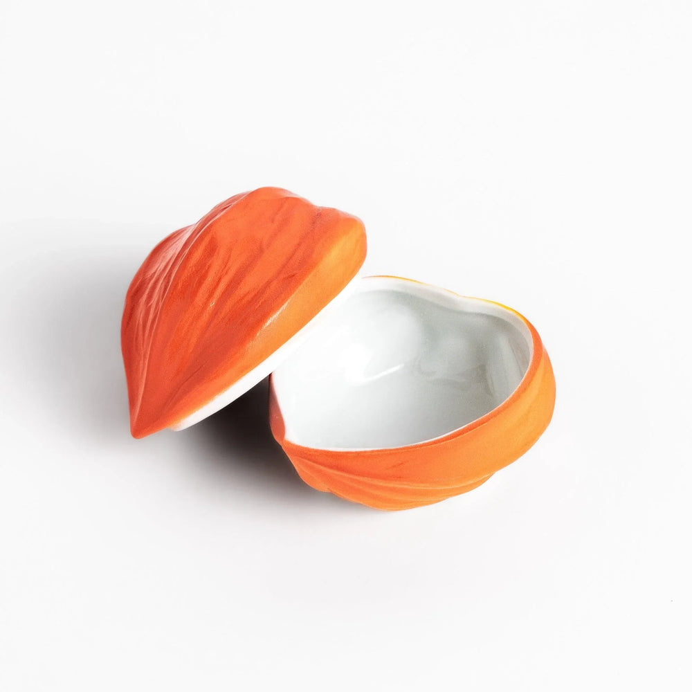 Handcrafted ceramic lidded bowl shaped like an orange lantern plant, ideal for serving condiments or small treats.