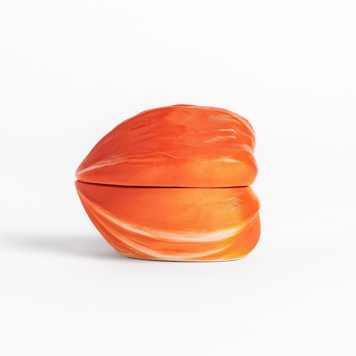 Handcrafted ceramic lidded bowl shaped like an orange lantern plant, ideal for serving condiments or small treats.