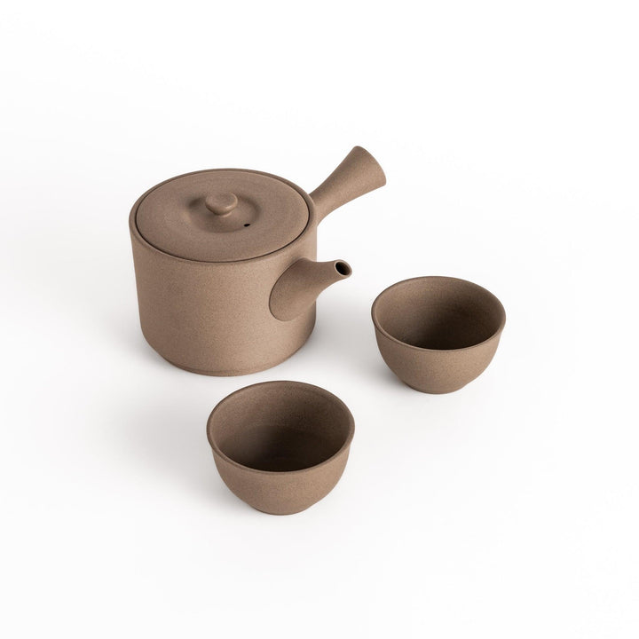 Large gray tea set with round teapot and bowls perfect for elegant tea service.