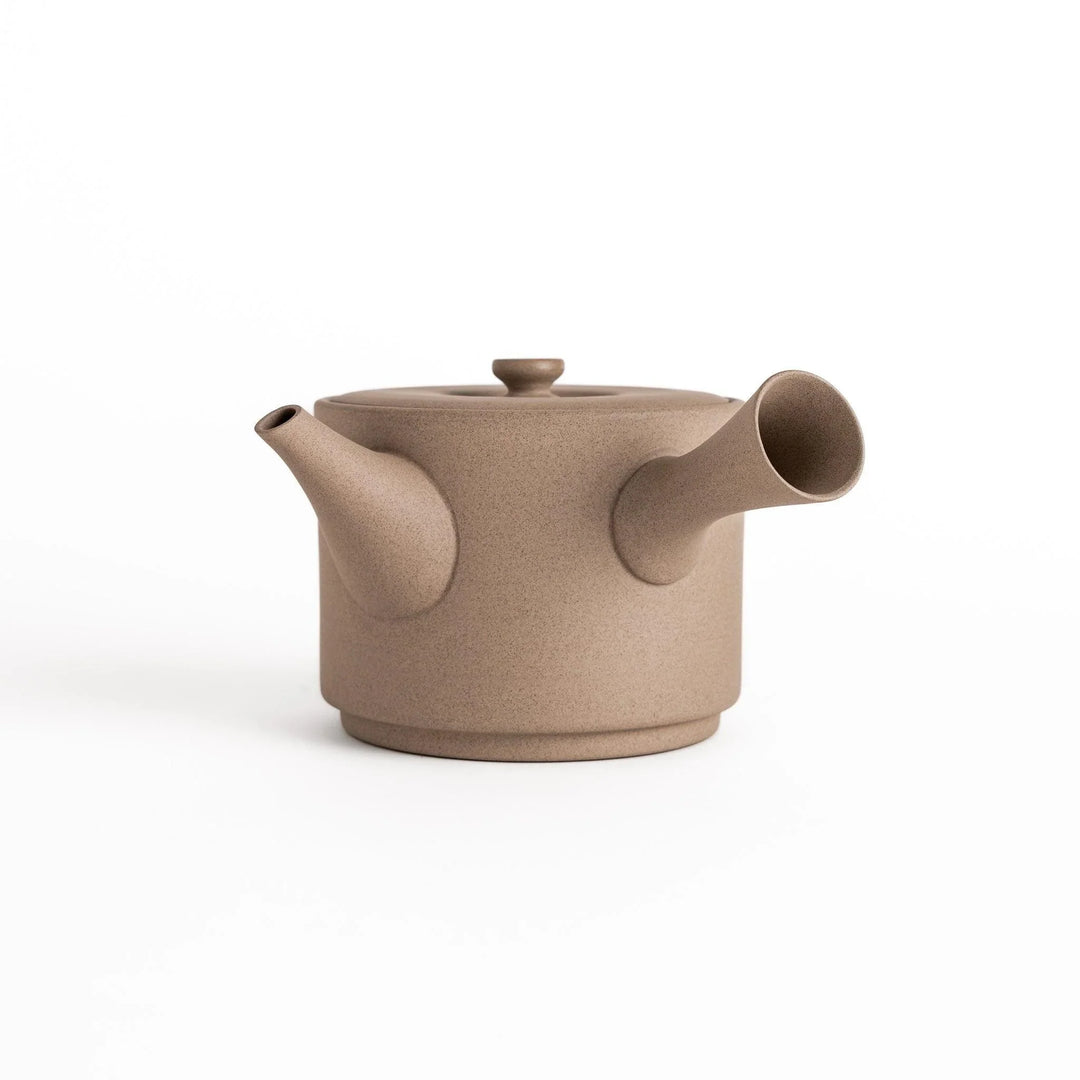 Modern gray teapot with round body horizontal spout and lid crafted from textured ceramic finish.