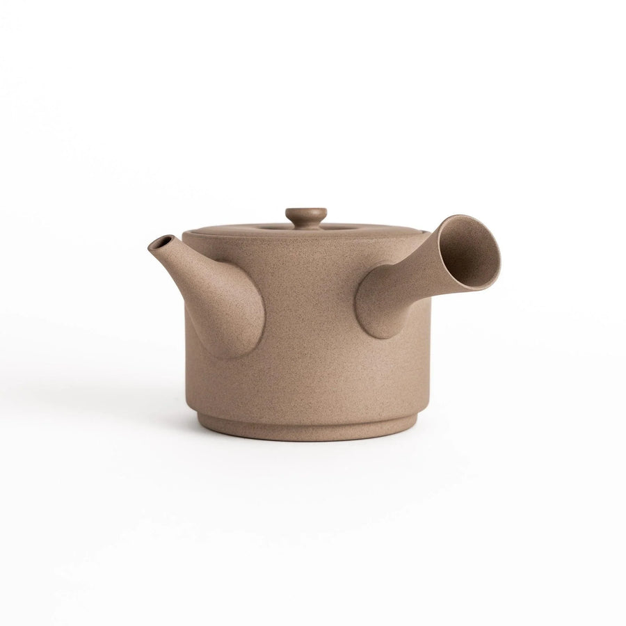 Modern gray teapot with round body horizontal spout and lid crafted from textured ceramic finish.