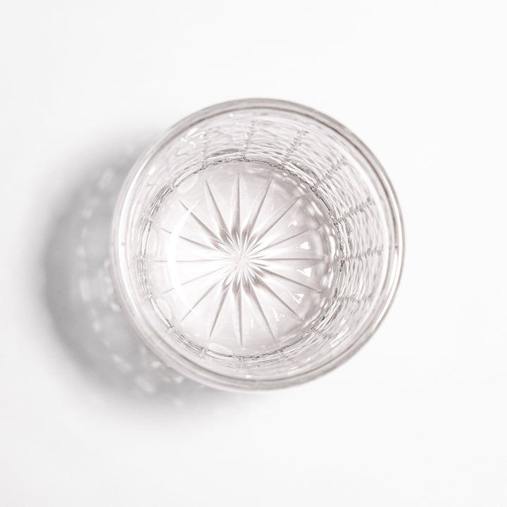 Rocks glass with lattice cut design, perfect for serving whiskey or spirits with a sophisticated touch.