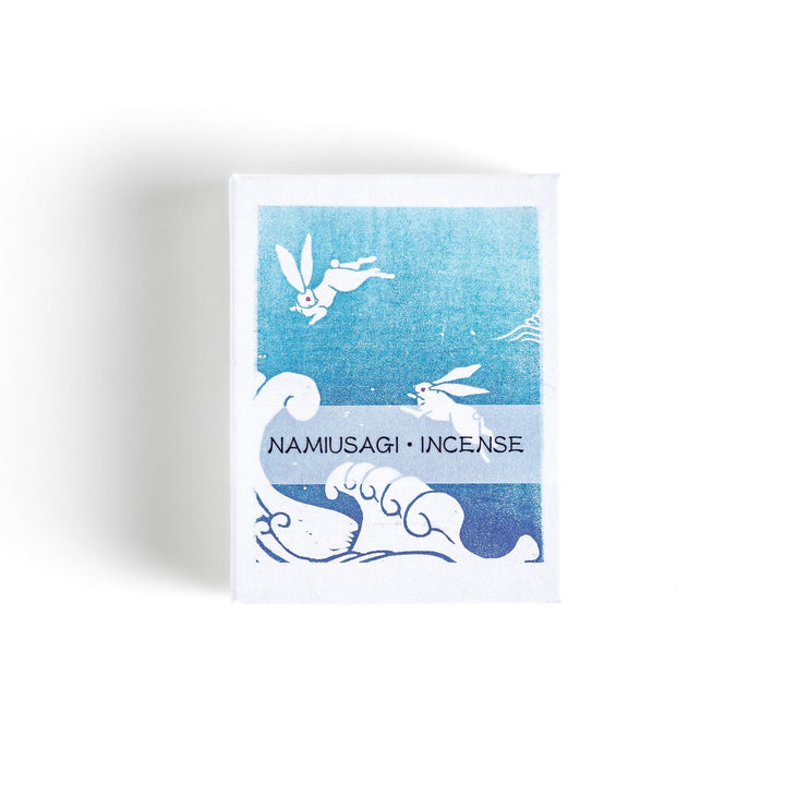 Blue incense sticks in a box with Japanese wave and rabbit design offering a refreshing and calming scent.