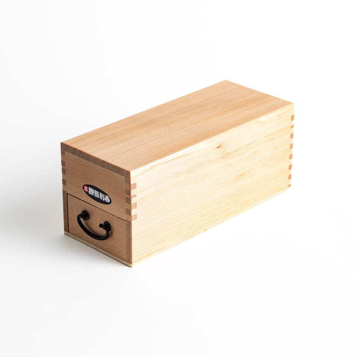 Japanese wooden katsuobushi shaver box with drawer and lid for bonito flakes featuring traditional artwork.
