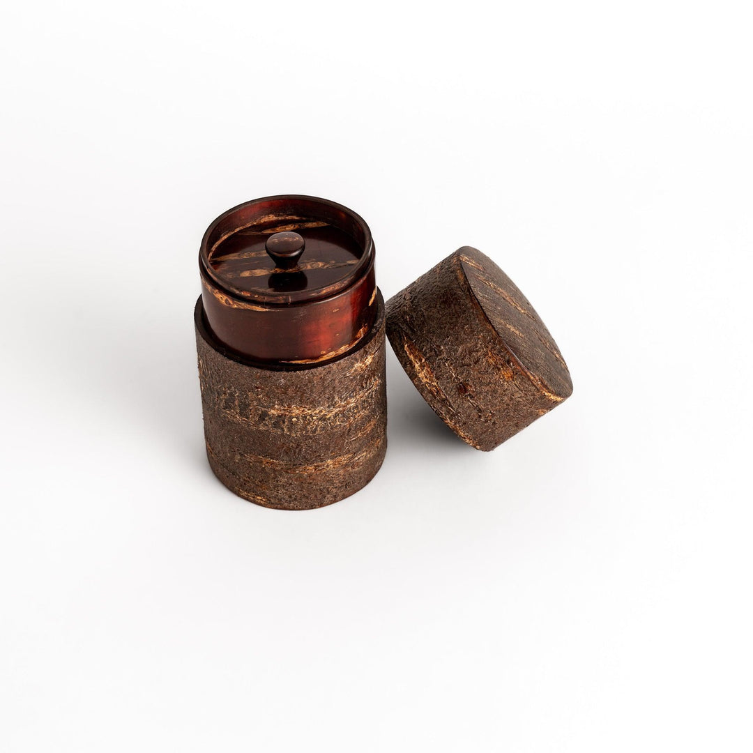 Rustic cherry bark tea canister with deep brown finish and texture ideal for storing loose leaf tea.