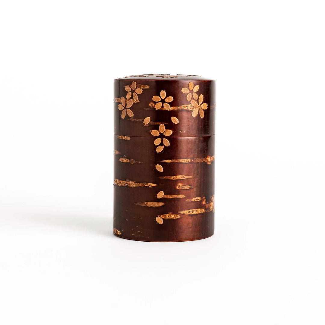 Cherry bark tea canister with cherry blossom design perfect for storing and preserving loose leaf tea.
