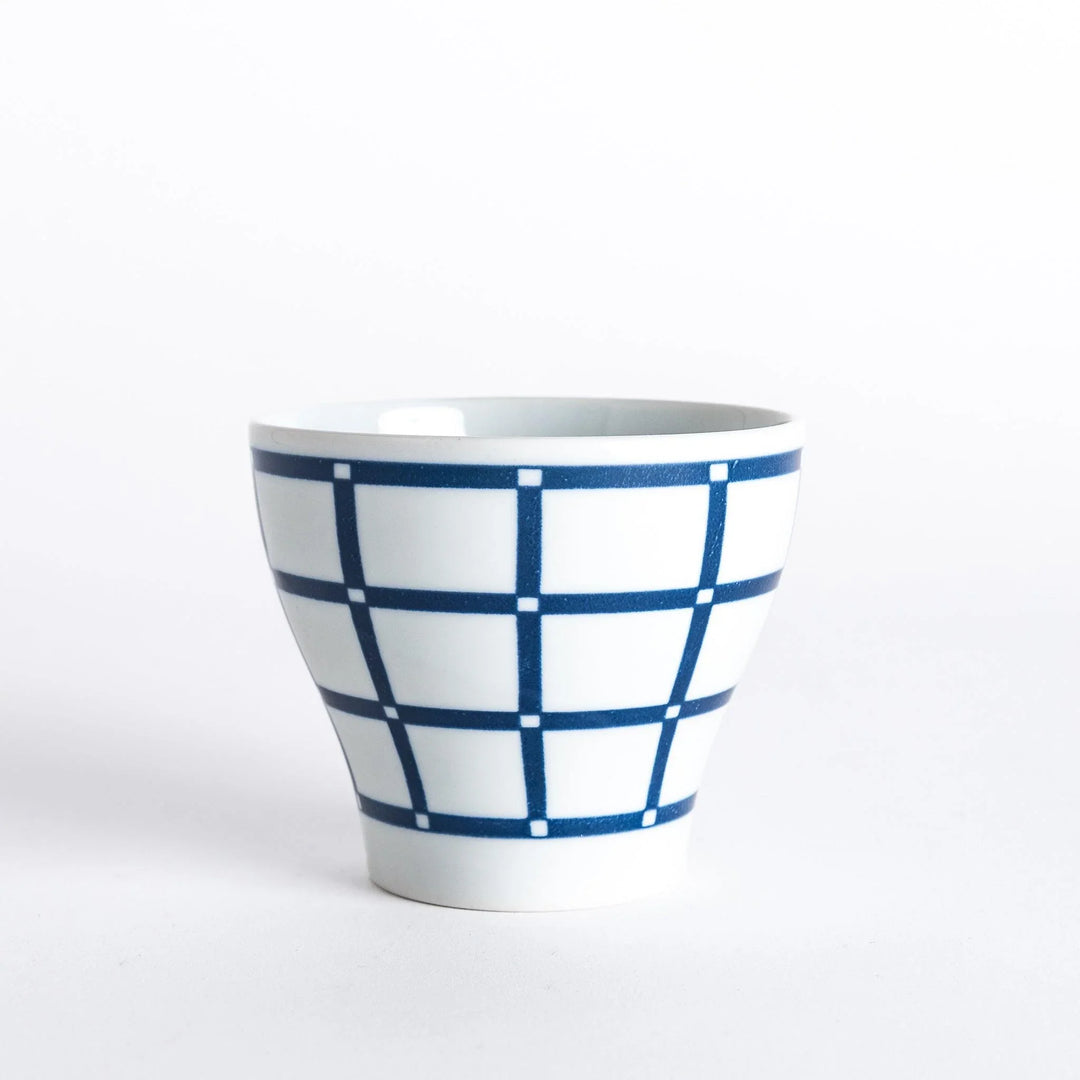 Side view of the Modern Indigo Lattice Cup, featuring the navy blue grid design that wraps around the cup.