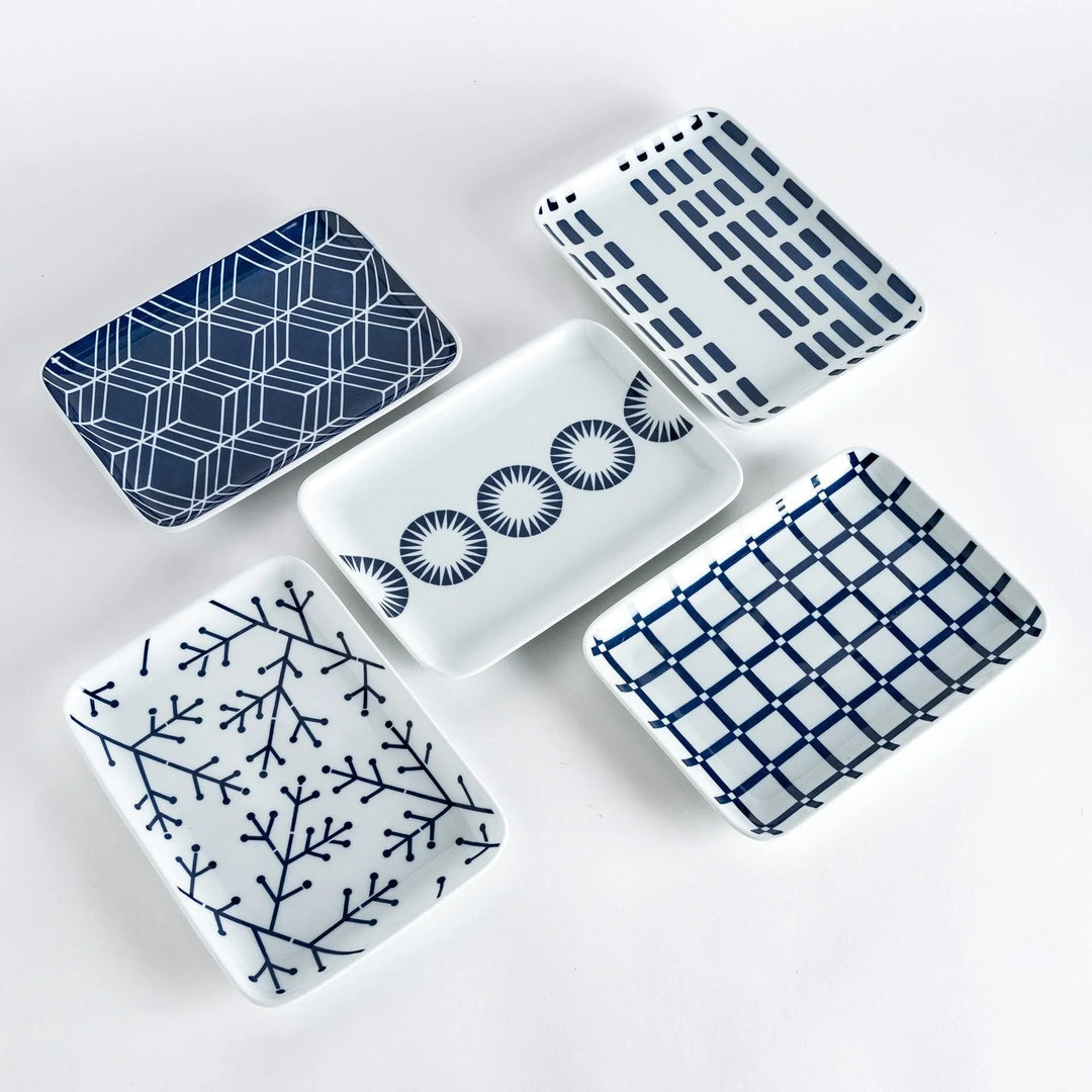 Modern Indigo Lattice dinner plate featuring bold geometric indigo lattice pattern on white porcelain.