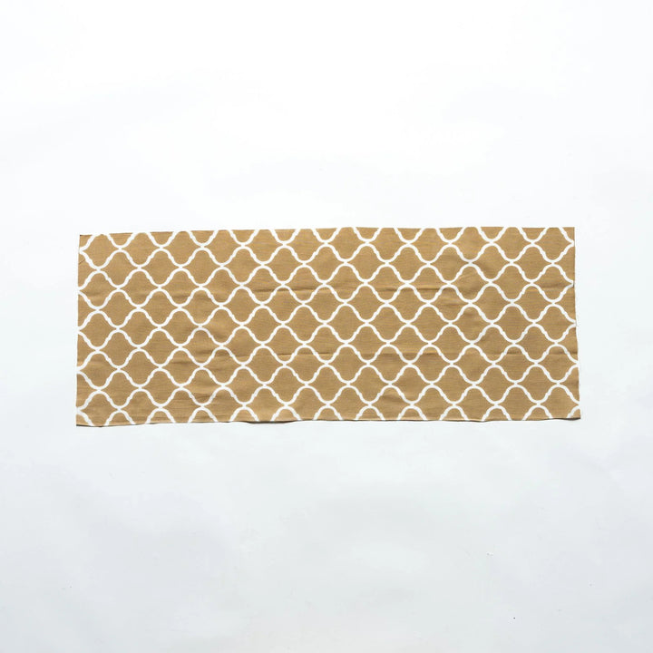 Moroccan tile-patterned beige tenugui hand towel laid flat, showcasing its full design.
