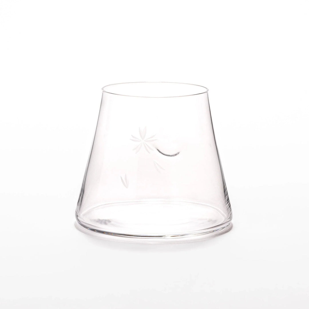 Mount Fuji beer glass with flared base and etched cherry blossoms, ideal for stylish craft beer enjoyment.