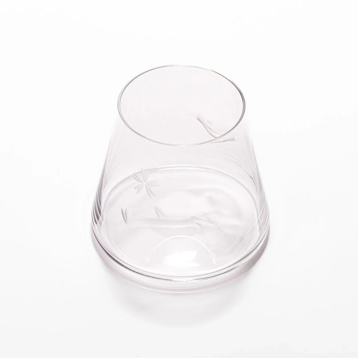 Mount Fuji beer glass with flared base and etched cherry blossoms, ideal for stylish craft beer enjoyment.