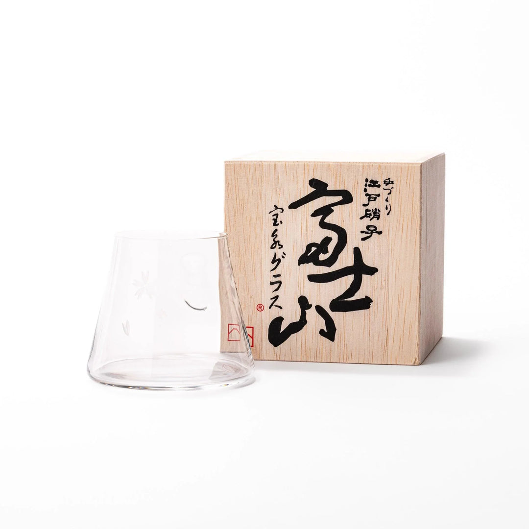 Mount Fuji beer glass with flared base and etched cherry blossoms, ideal for stylish craft beer enjoyment.