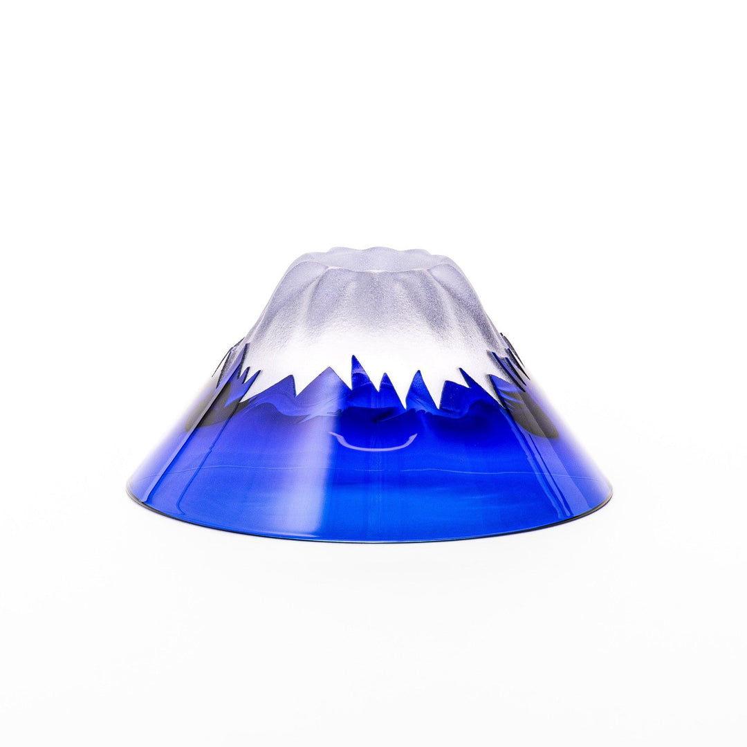 Blue glass sake cup shaped like Mount Fuji with a frosted snowcap, perfect for celebrations and Japanese dining.