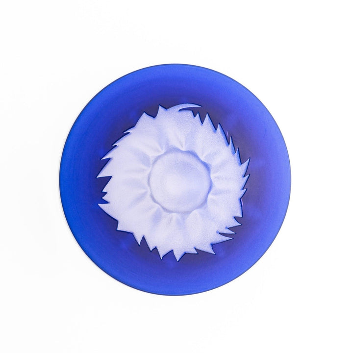 Blue glass sake cup shaped like Mount Fuji with frosted snowcap, ideal for festive and authentic Japanese dining.