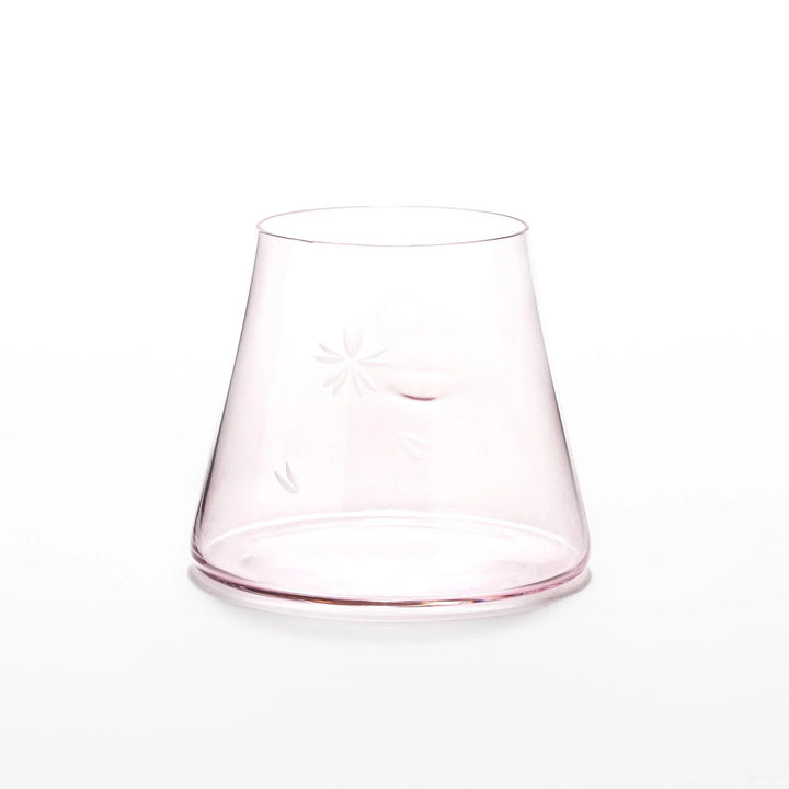 Light pink Mount Fuji beer glass with etched cherry blossoms, perfect for spring drinks and elegant settings.