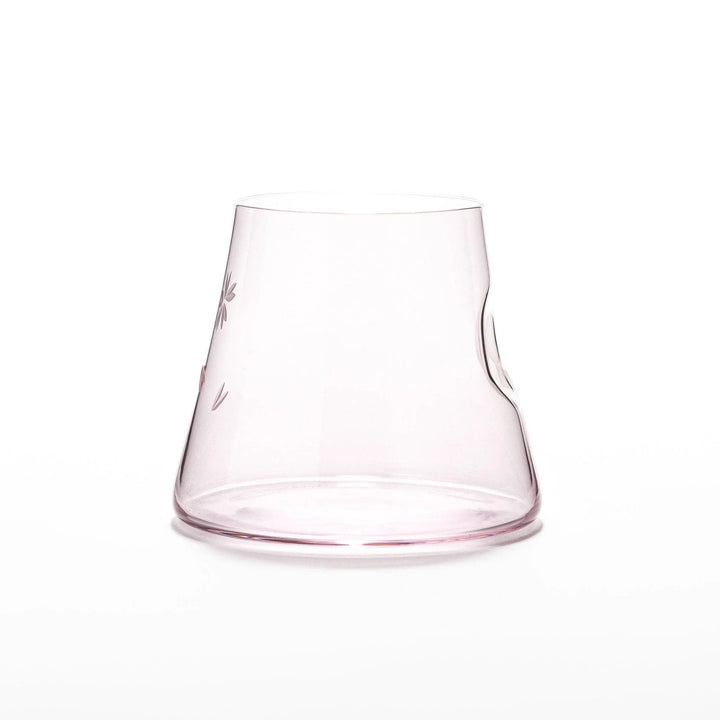 Light pink Mount Fuji beer glass with etched cherry blossoms, perfect for spring drinks and elegant settings.
