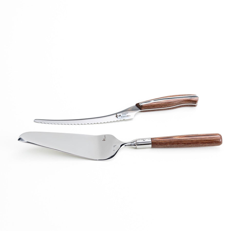 Set of Nagomi knives including a serrated knife and a pie server, both with wooden handles, displayed on a white background.