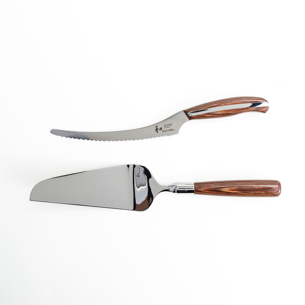 Set of Nagomi knives including a serrated knife and a pie server, both with wooden handles, displayed on a white background.