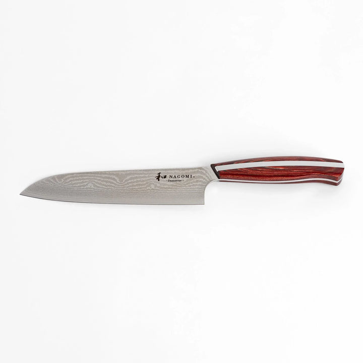 Japanese Damascus steel Santoku knife with patterned blade and polished red wood handle crafted by Nagomi Japan.