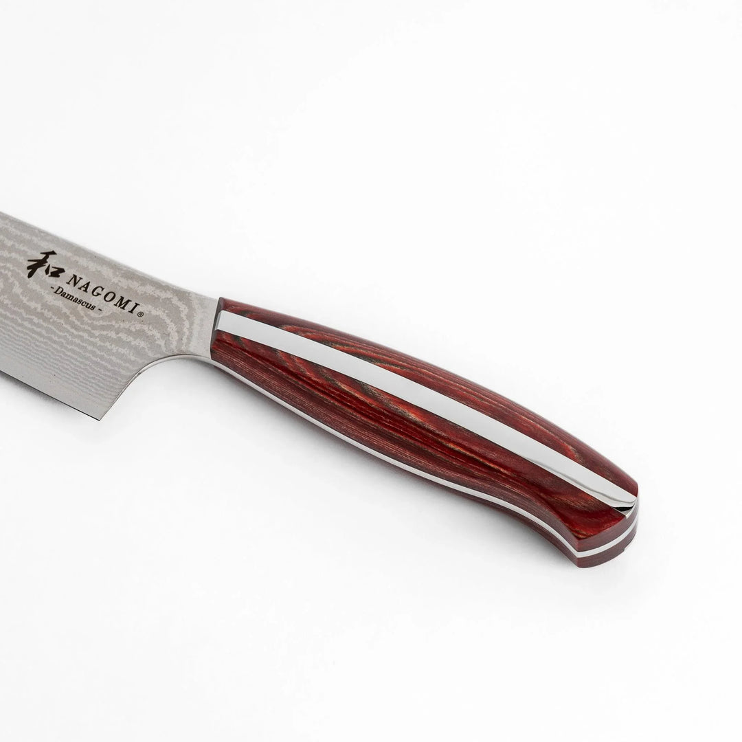 Japanese Damascus steel Santoku knife with patterned blade and polished red wood handle crafted by Nagomi Japan.