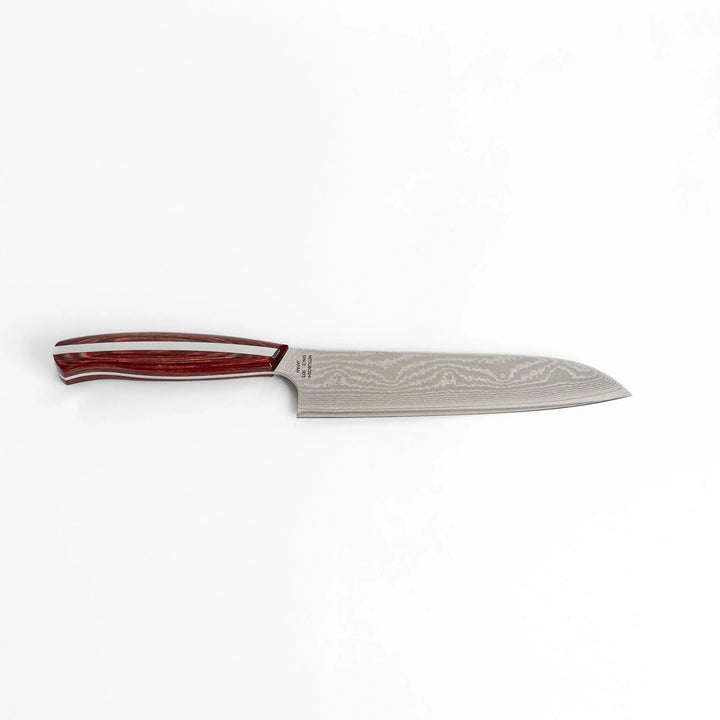 Japanese Damascus steel Santoku knife with patterned blade and polished red wood handle crafted by Nagomi Japan.