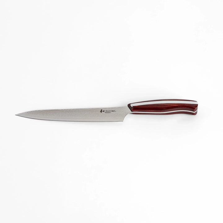 Nagomi Damascus utility knife with patterned blade and striped wooden handle offering precise everyday cutting.