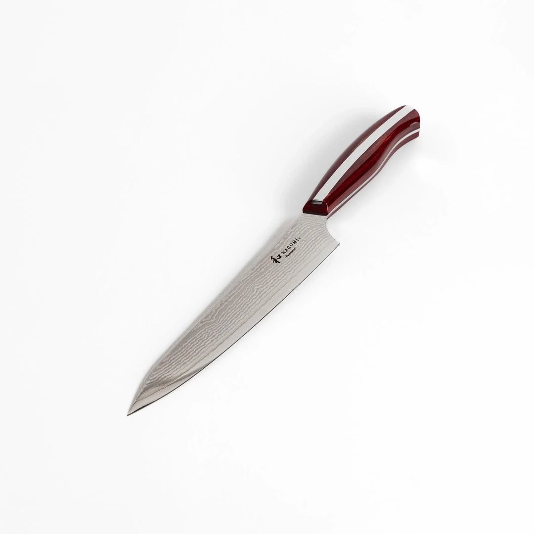 Nagomi Damascus utility knife with patterned blade and striped wooden handle offering precise everyday cutting.