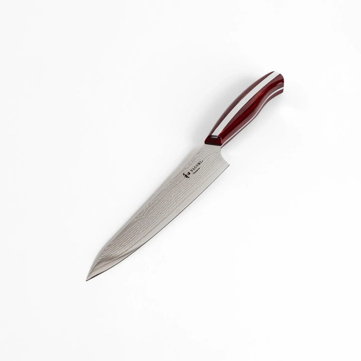 Nagomi Damascus utility knife with patterned blade and striped wooden handle offering precise everyday cutting.