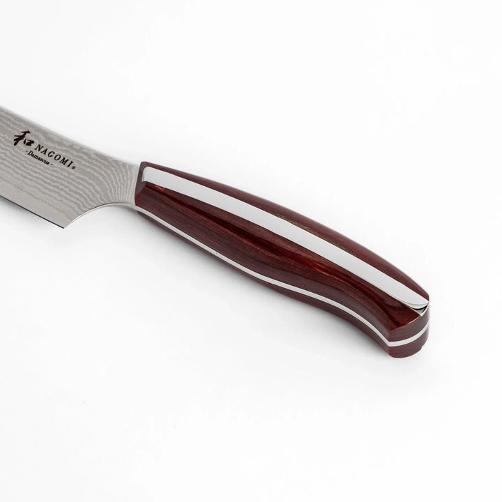 Nagomi Damascus utility knife with patterned blade and striped wooden handle offering precise everyday cutting.