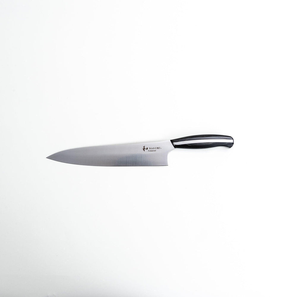 Nagomi professional chefs knife with stainless blade and black silver handle on dark textured background.