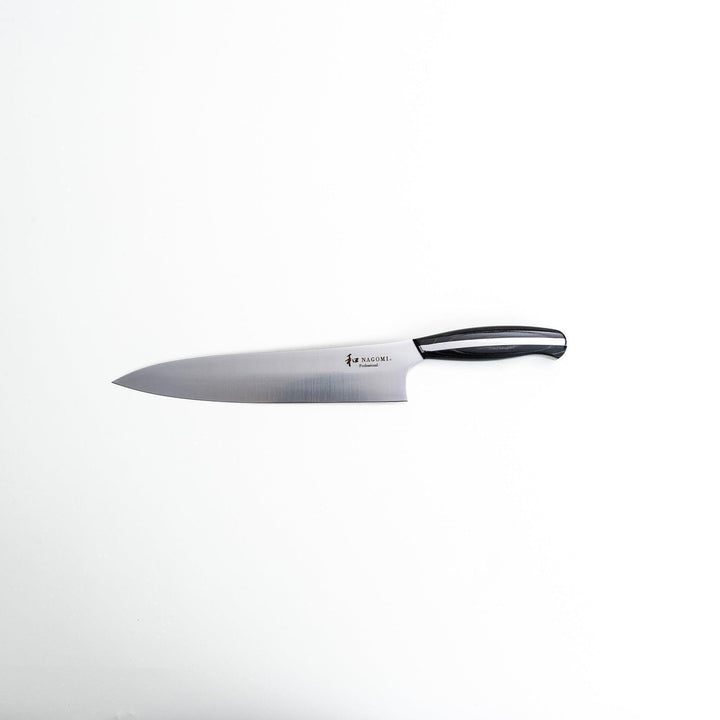 Nagomi professional chefs knife with stainless blade and black silver handle on dark textured background.