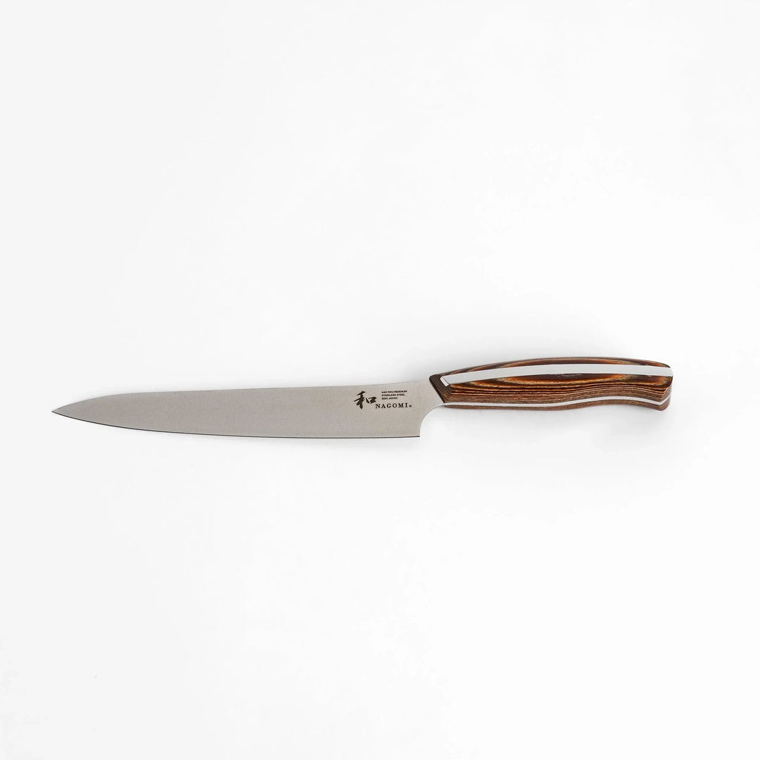 Nagomi utility knife with sharp durable blade and striped wooden handle designed for precise comfortable kitchen tasks.