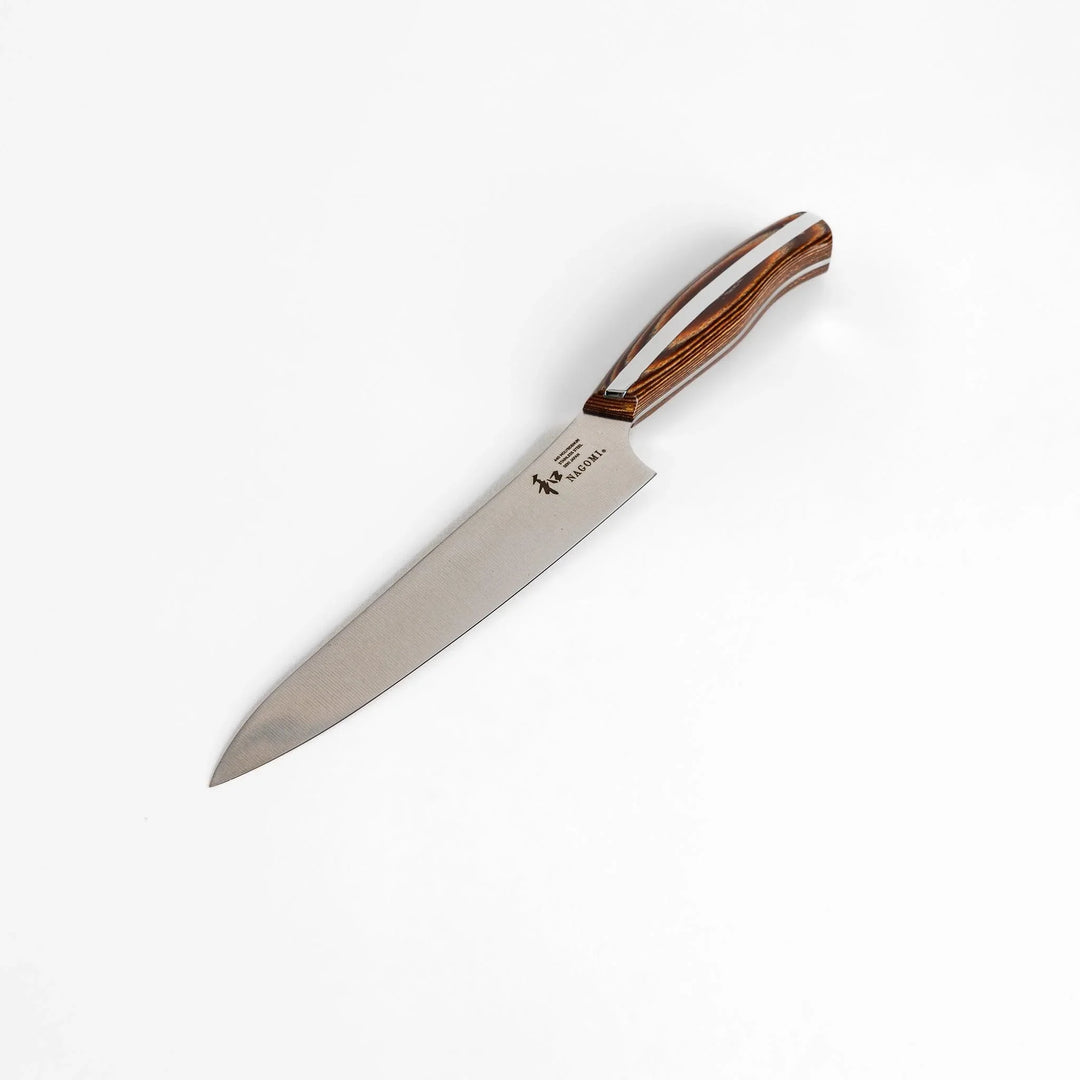 Nagomi utility knife with sharp durable blade and striped wooden handle designed for precise comfortable kitchen tasks.