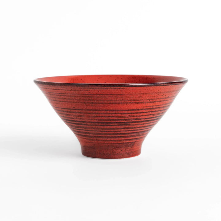 Red ramen bowl with a glossy lacquered finish, featuring subtle concentric ridges and a sturdy base for easy handling.