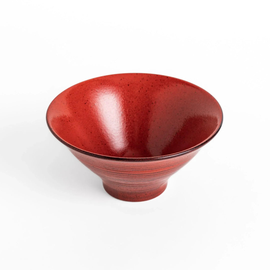 Red ramen bowl with a glossy lacquered finish, featuring subtle concentric ridges and a sturdy base for easy handling.