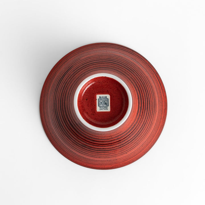 Red ramen bowl with a glossy lacquered finish, featuring subtle concentric ridges and a sturdy base for easy handling.