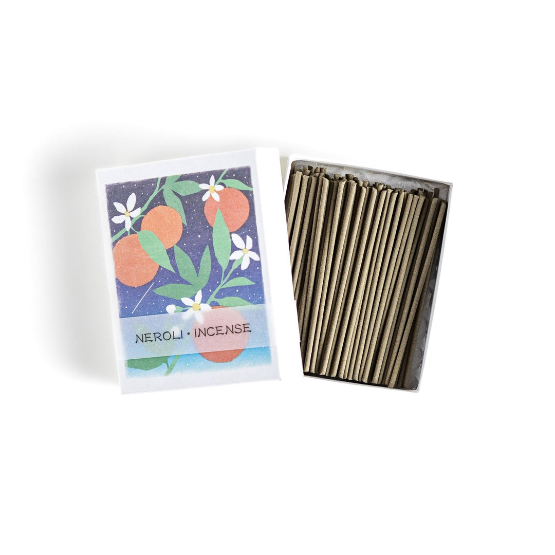 Incense with natural sticks in neroli and orange flower box offering a citrusy refreshing fragrance experience.
