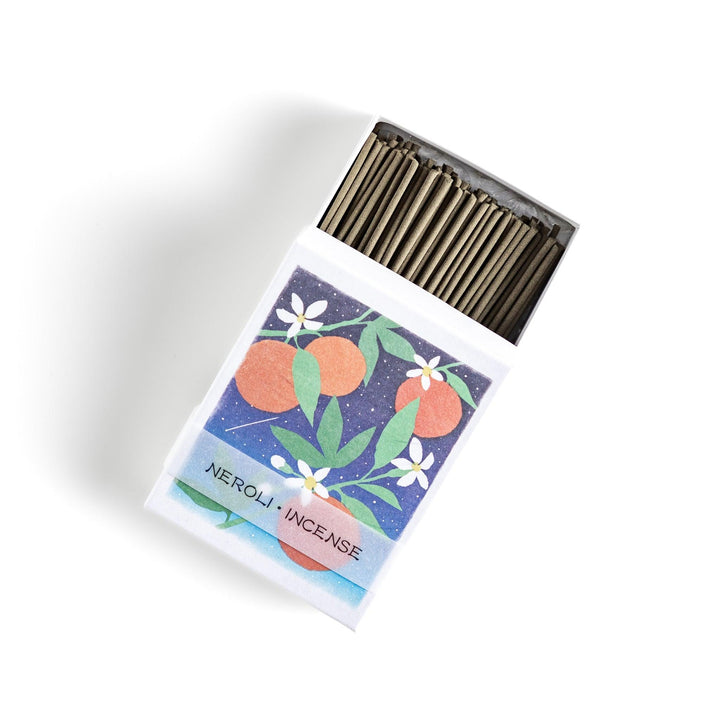 Incense with natural sticks in neroli and orange flower box offering a citrusy refreshing fragrance experience.