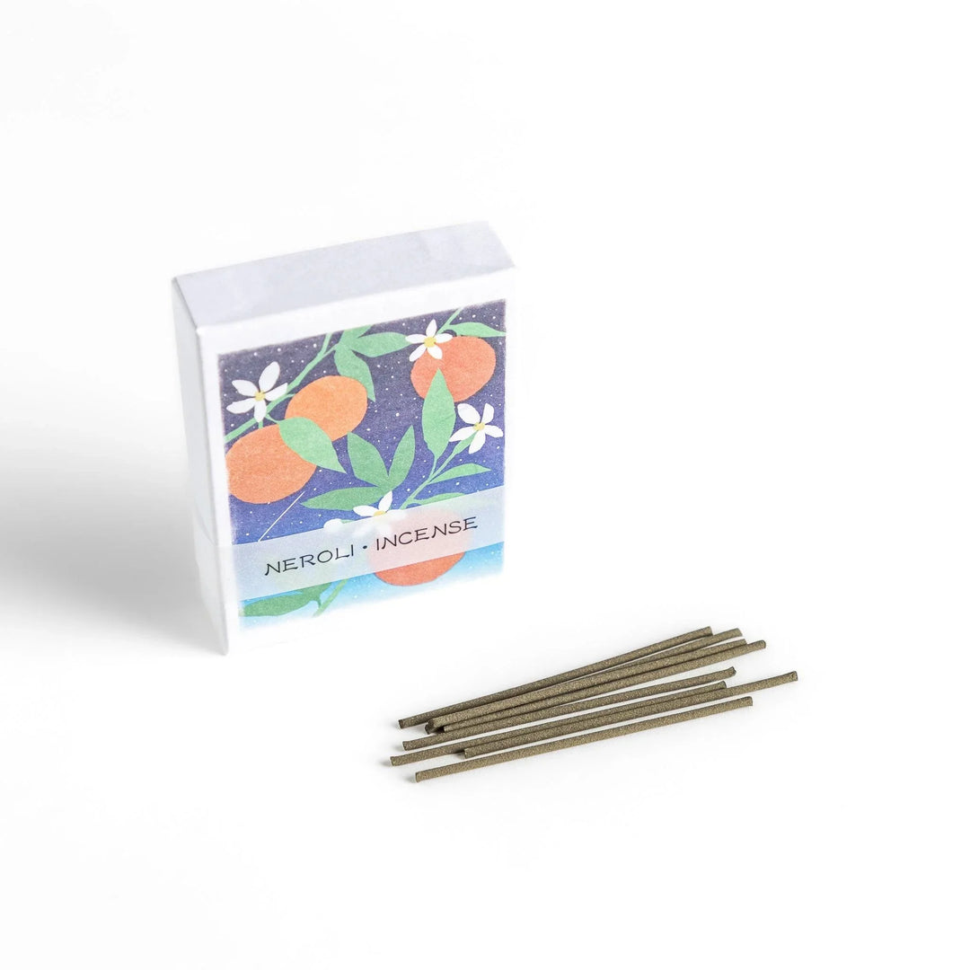 Incense with natural sticks in neroli and orange flower box offering a citrusy refreshing fragrance experience.